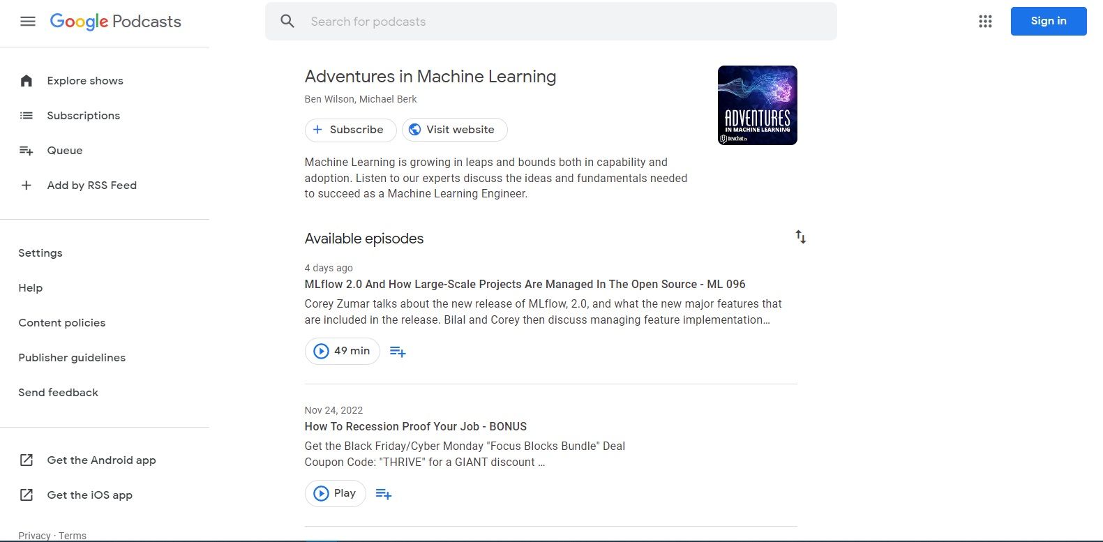 A screenshot of the Adventures in Machine Learning podcast overview