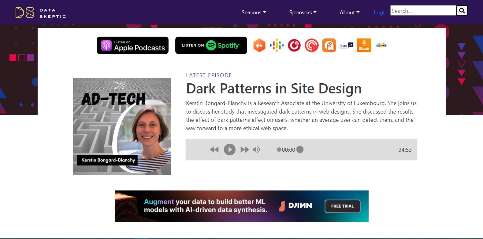 A screenshot of the Data Skeptic podcast overview