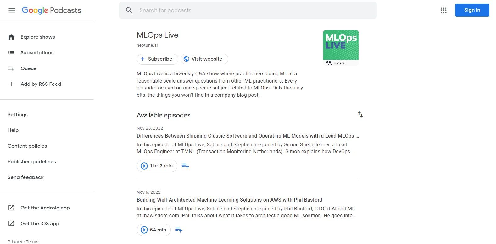 A screenshot of the MLOps Live podcast overview