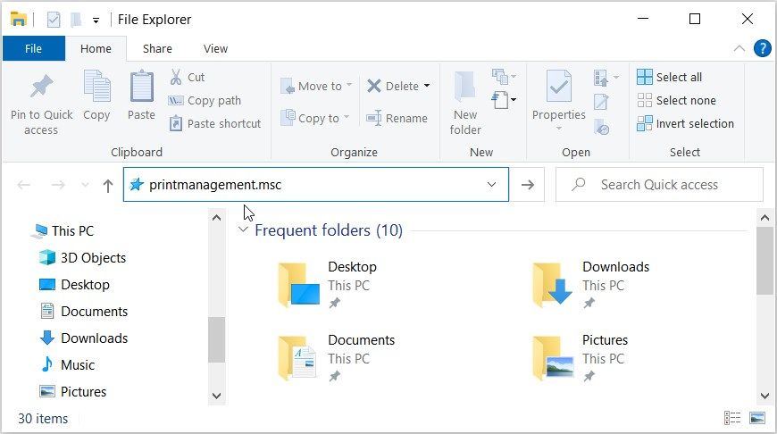 Accessing the Print Management Tool Using the File Explorer Address Bar