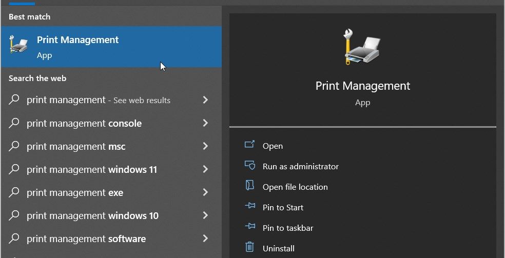 Accessing the Print Management Tool Using the Start Menu Search Bar