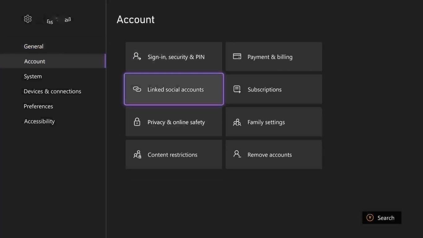 A screenshot of the Xbox Series X account settings with the linked social accounts highlighted 