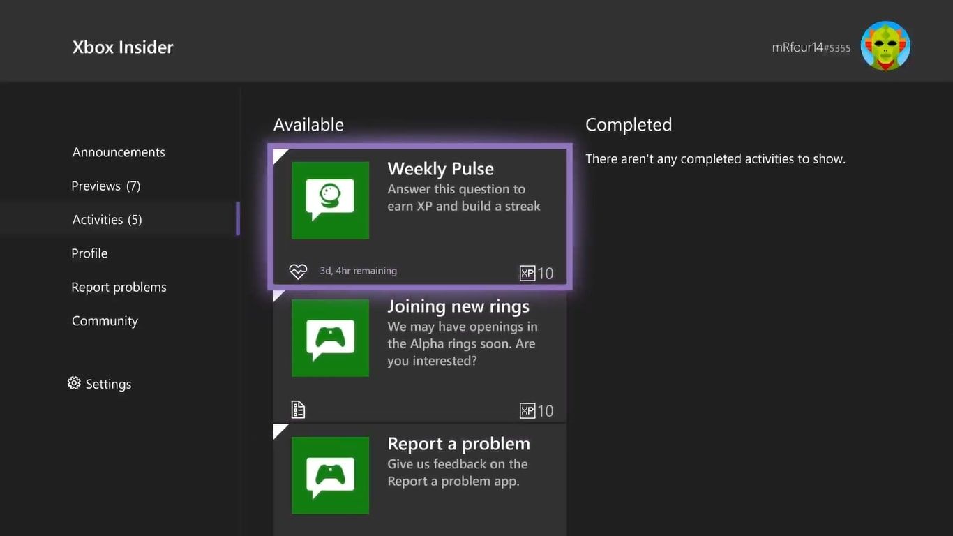Une capture d'écran des activités Xbox Insider disponibles qui permettent de gagner des points d'expérience.
