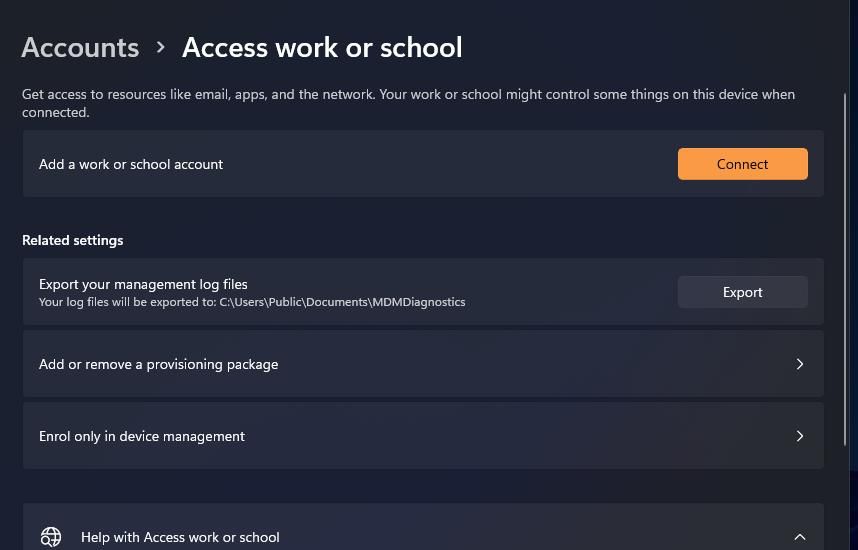 Access work or school options in Settings