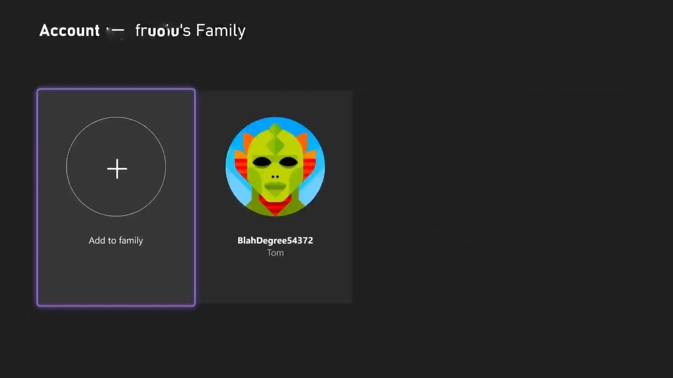 A screenshot of the Manage Family Settings screen on an Xbox Series X with Add to Family highlighted 