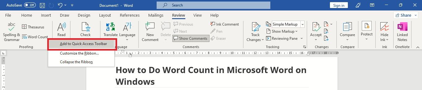 Option to Add Word Count in Quick Access Toolbar