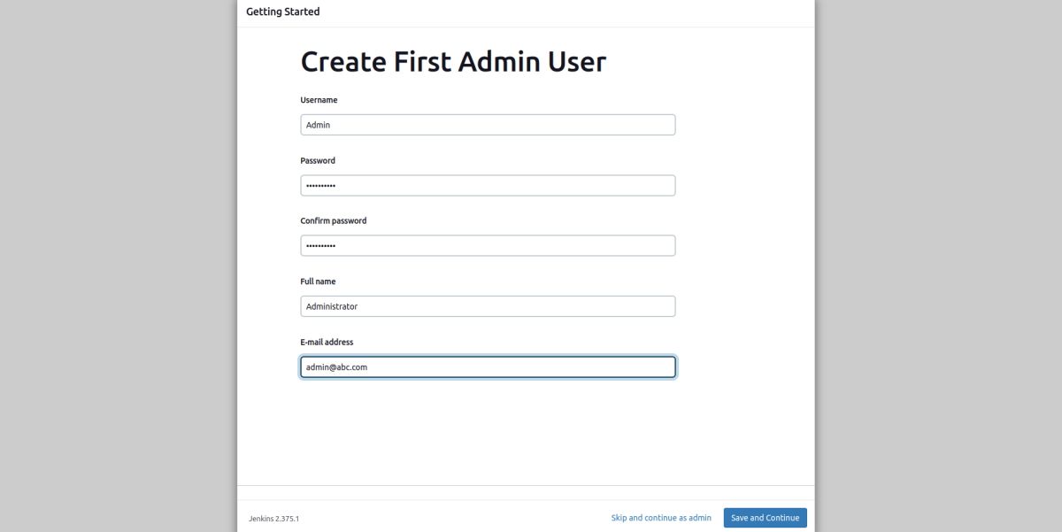 Jenkins interface to create the first admin user by providing username, email and password