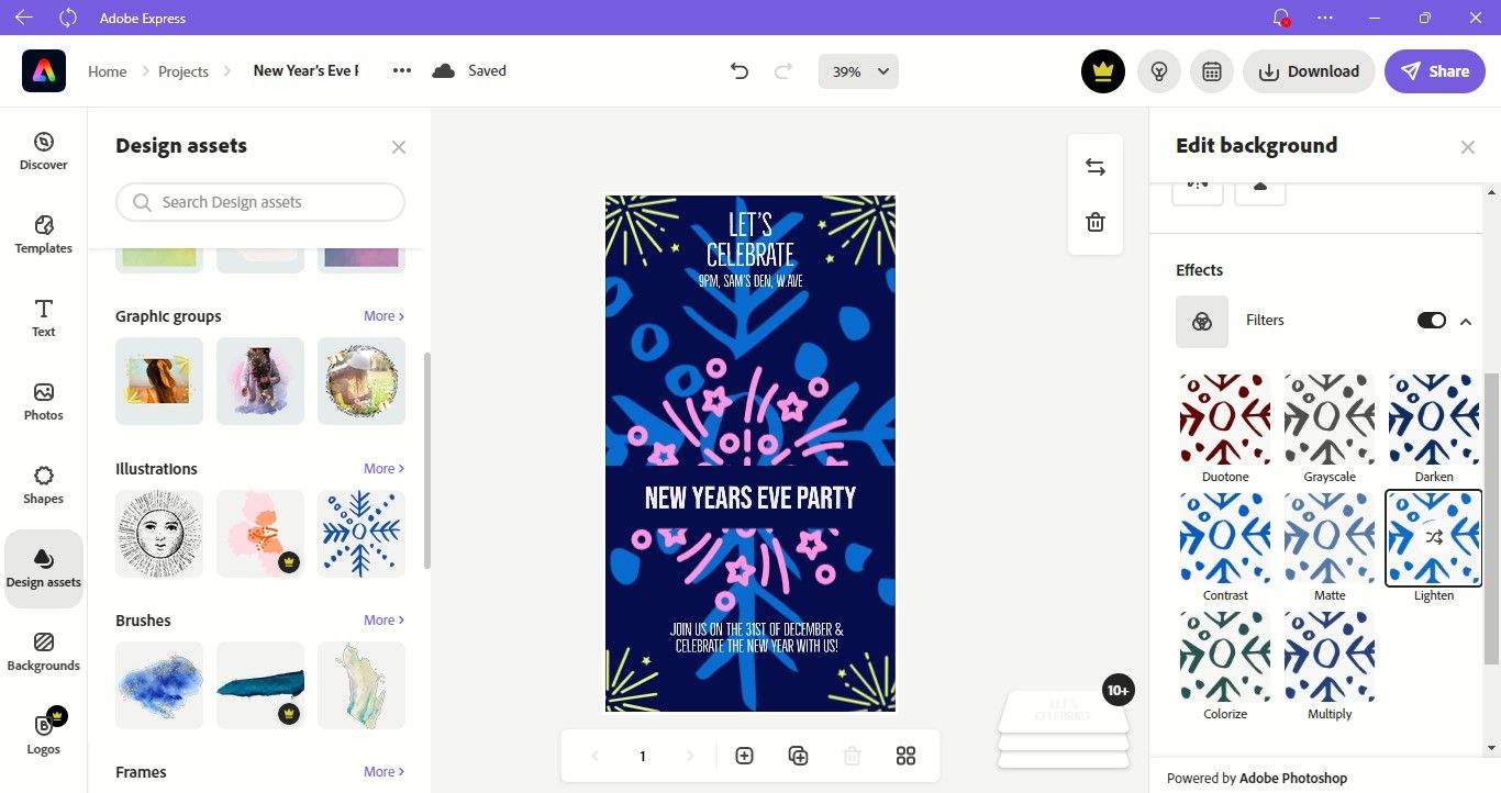 New Year's party invitation created in the Adobe Express app