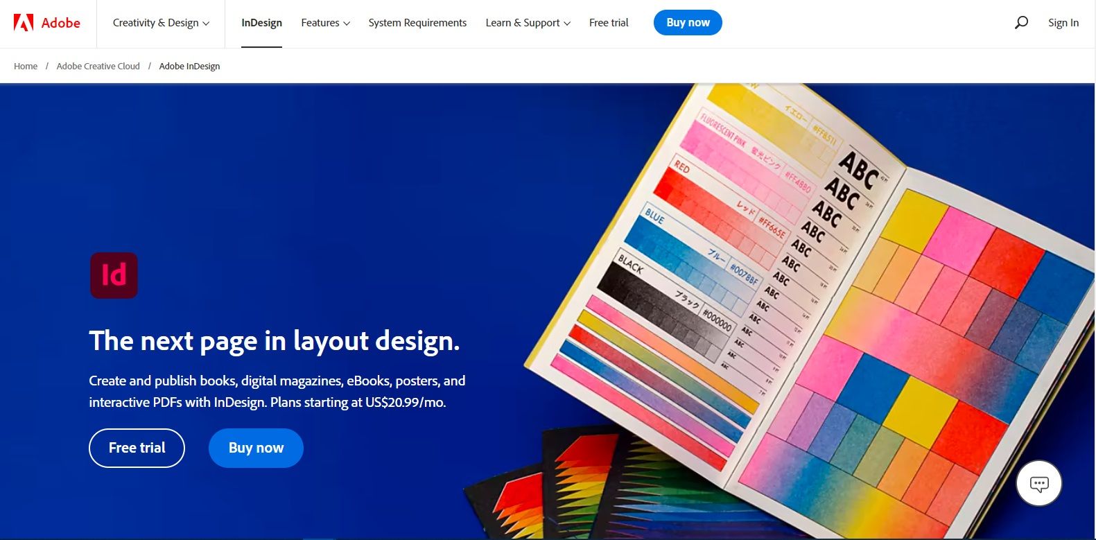 Adobe InDesign homepage screenshot