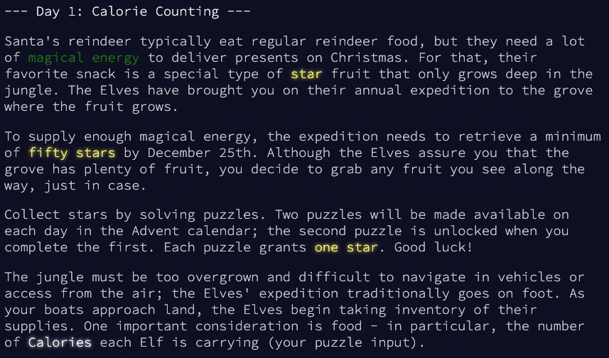 Dia 1 Advent of Code challenge intitulado “Calorie Counting”