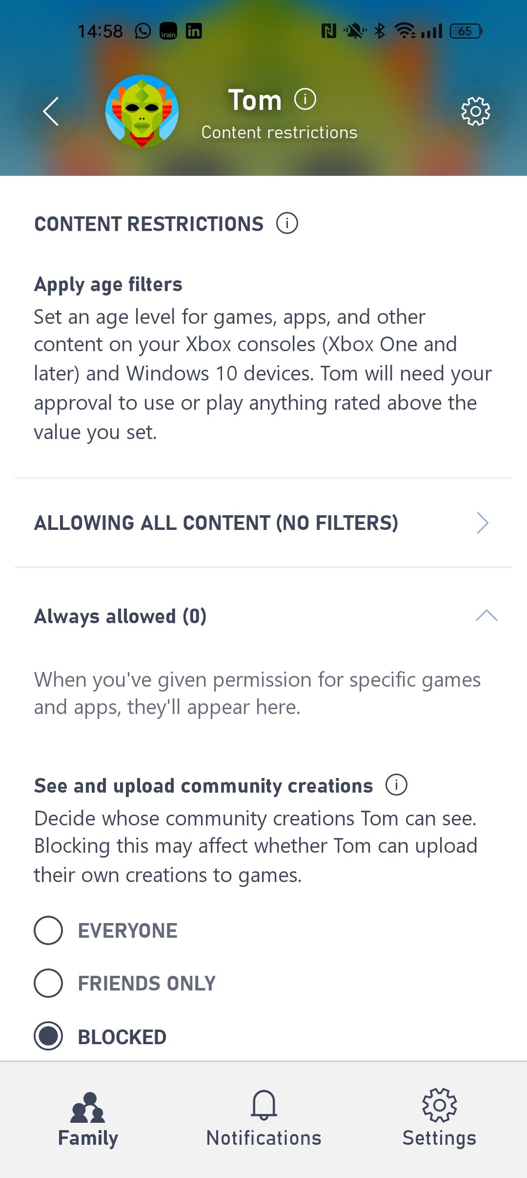 A screenshot of the Content Restriction parental settings within the Xbox Family Settings app