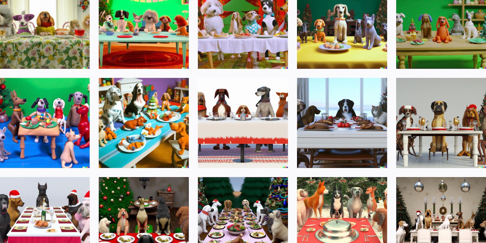 Different images of clay stop motion dogs at a Christmas feast, generated using Dall-E
