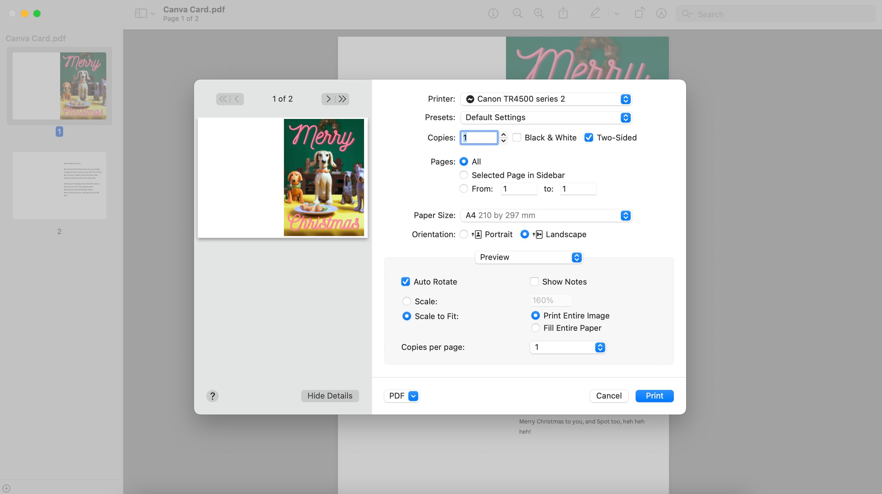 Boîte de dialogue d'impression PDF dans l'application Mac Preview