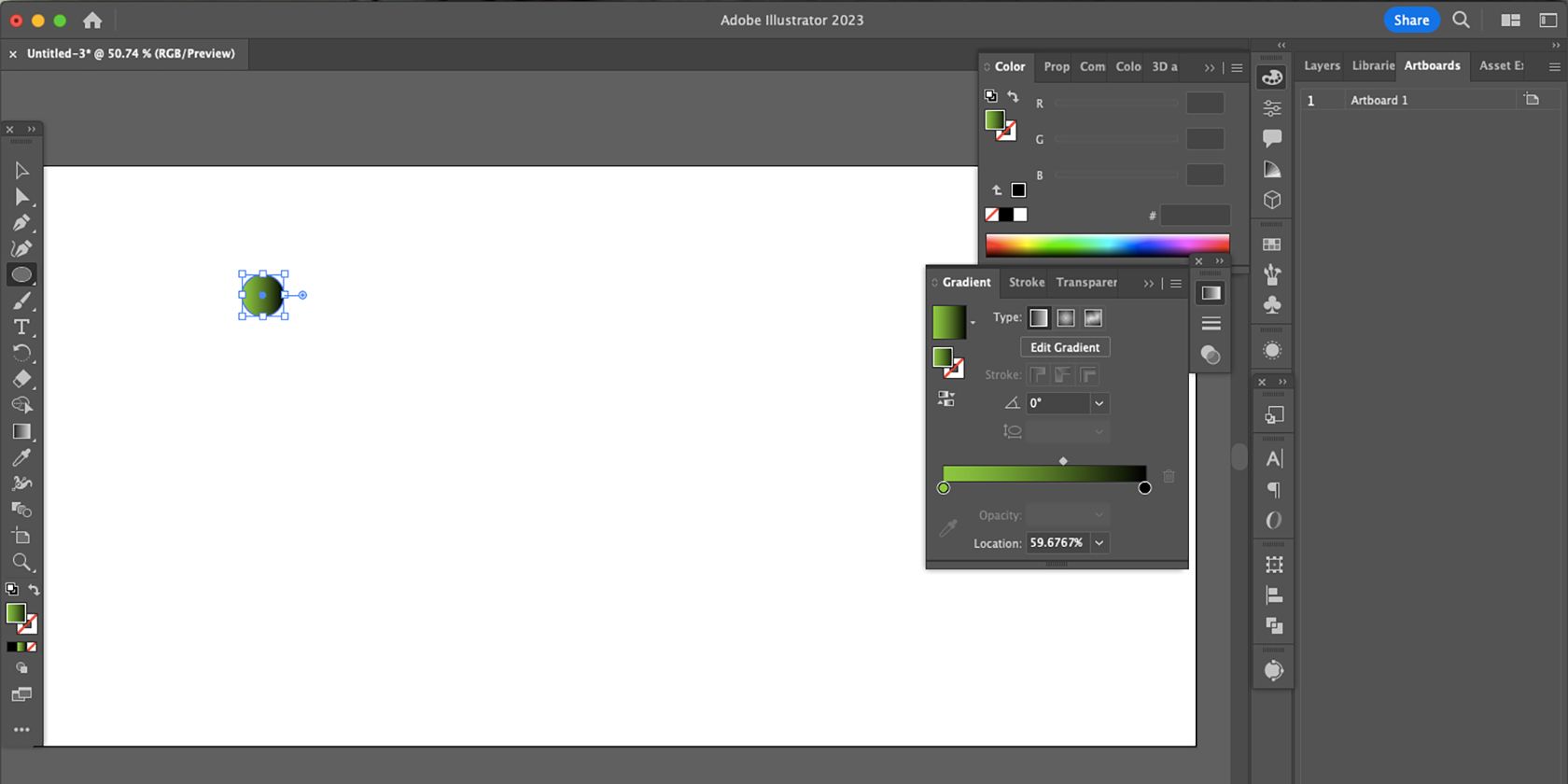 Adobe Illustrator green gradient ellipse on white Artboard.