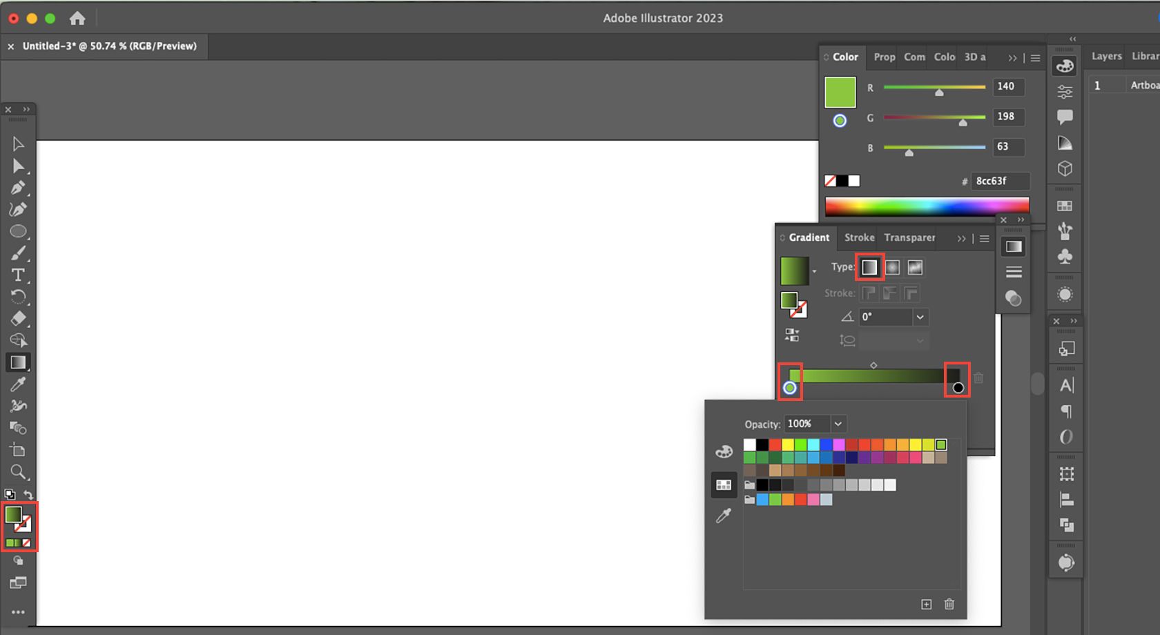 Adobe Illustrator gradient menus.