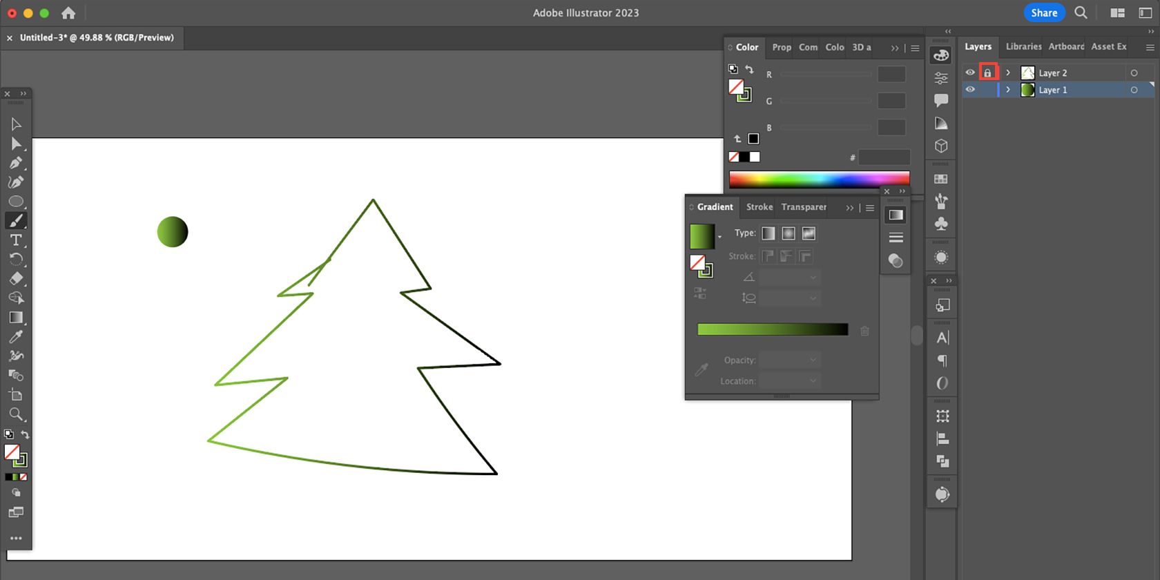 Adobe Illustrator artboard with rough Christmas tree outline.