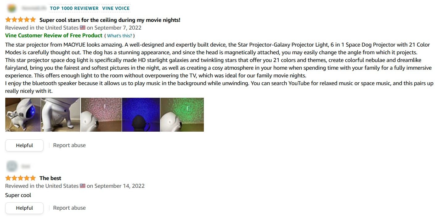 Amazon Review Examples of Star Projector Product
