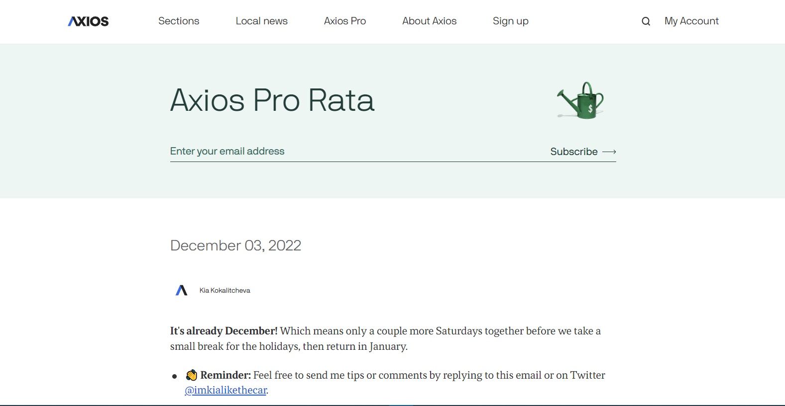 Gambar yang menunjukkan buletin Axios Pro Rata