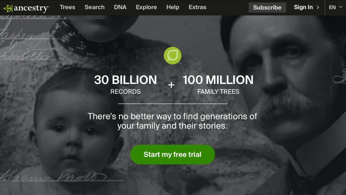 Ancestry ad with black and white photograph
