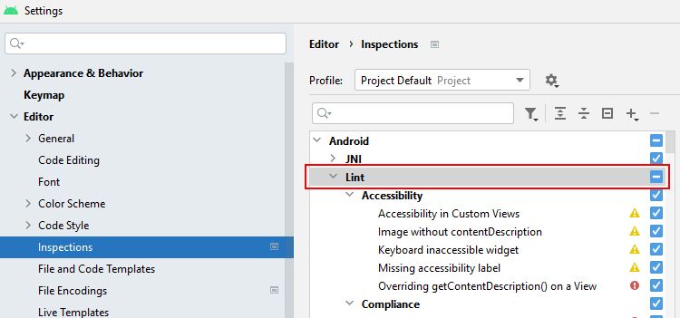 Lint settings in Android Studio