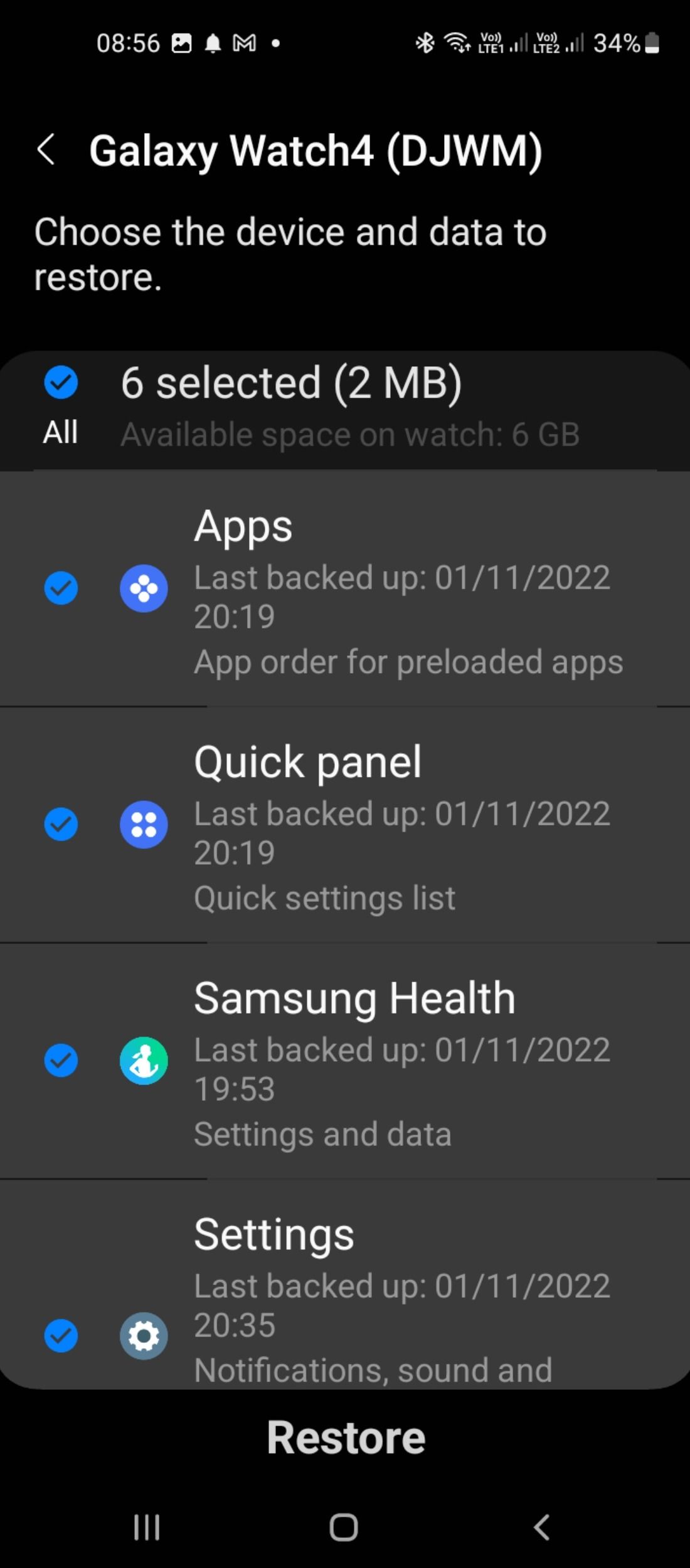 Backup restore settings on Galaxy watch 4