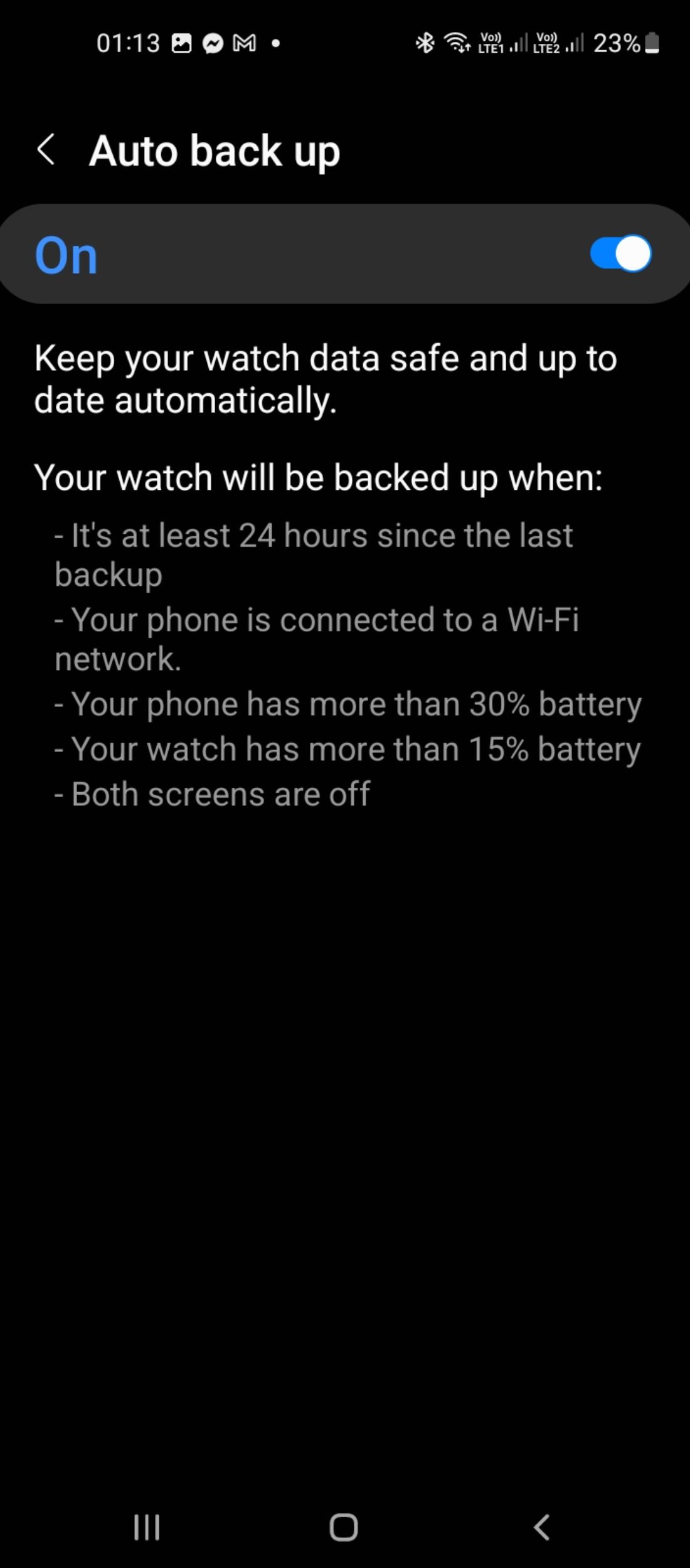 Auto-back up settings for Samsung smartwatch
