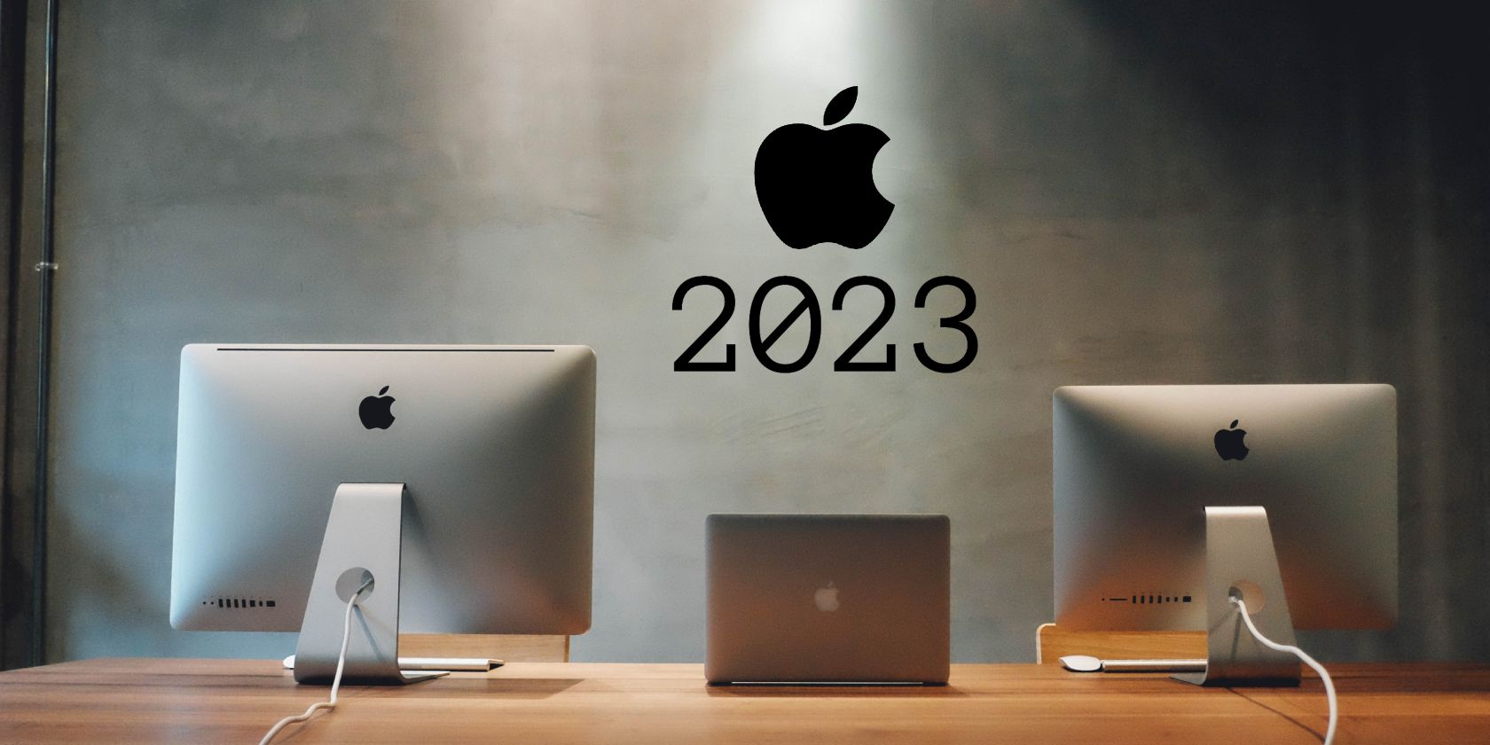 Apple 2023 feature image with one MacBook and two iMacs