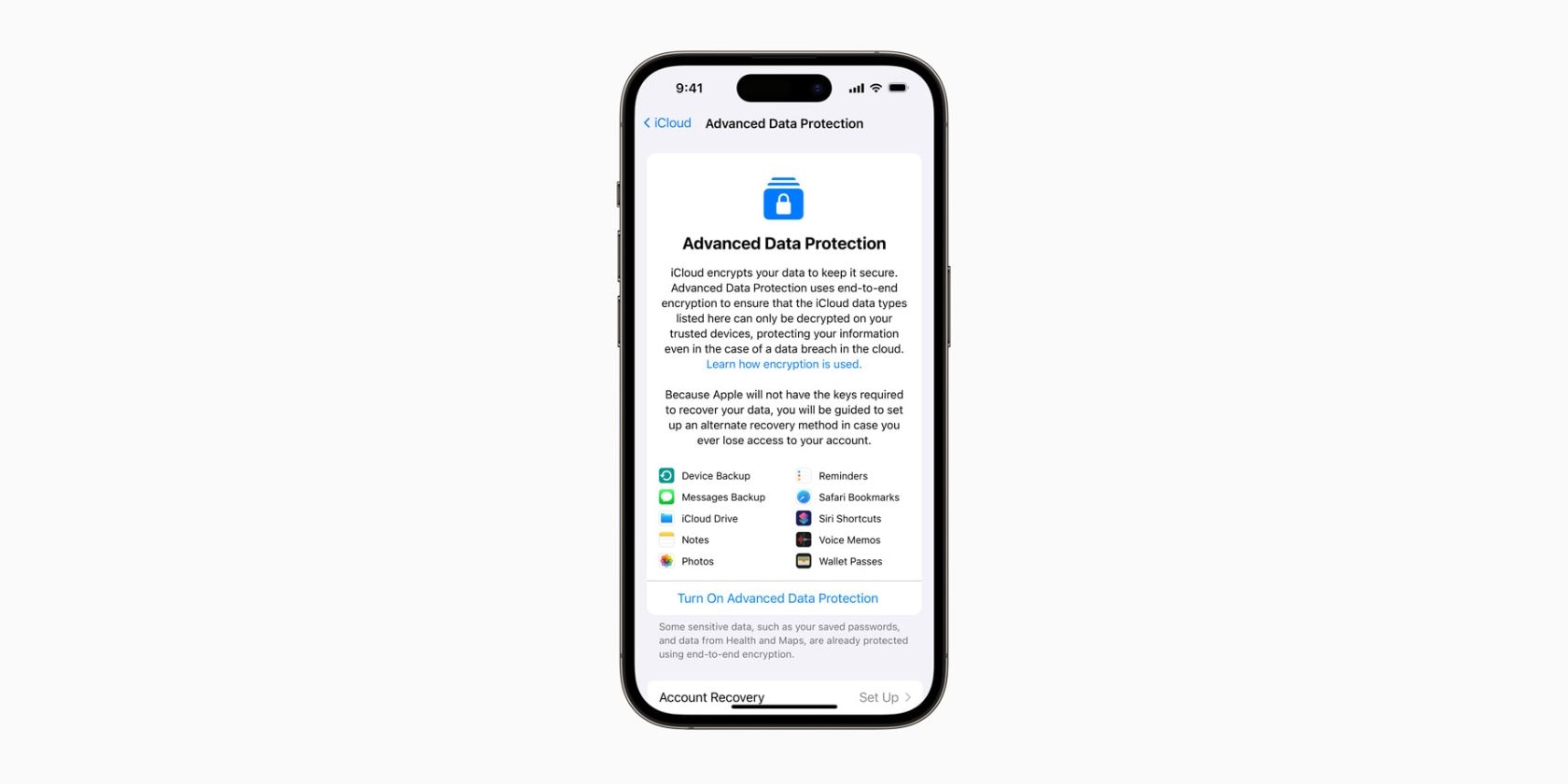 An iPhone showing the newly data categories that are protected by Apple's Advanced Data Protection.