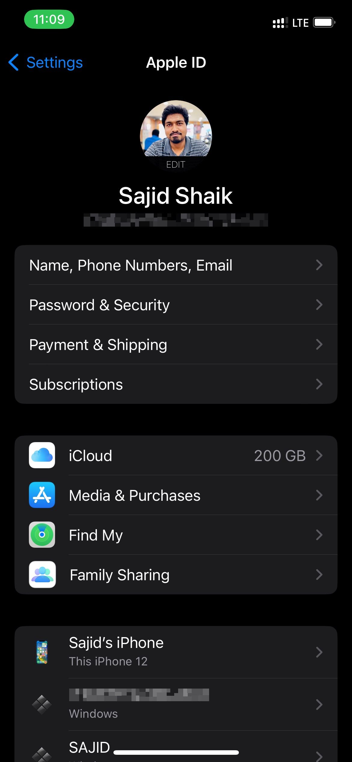 Select iCloud from Apple ID settings on iPhone