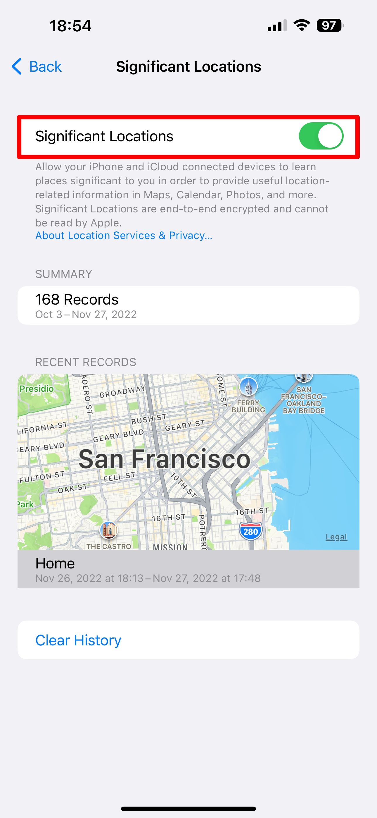 iPhone screenshot showing the Significant Locations toggle turned on in the location privacy settings 