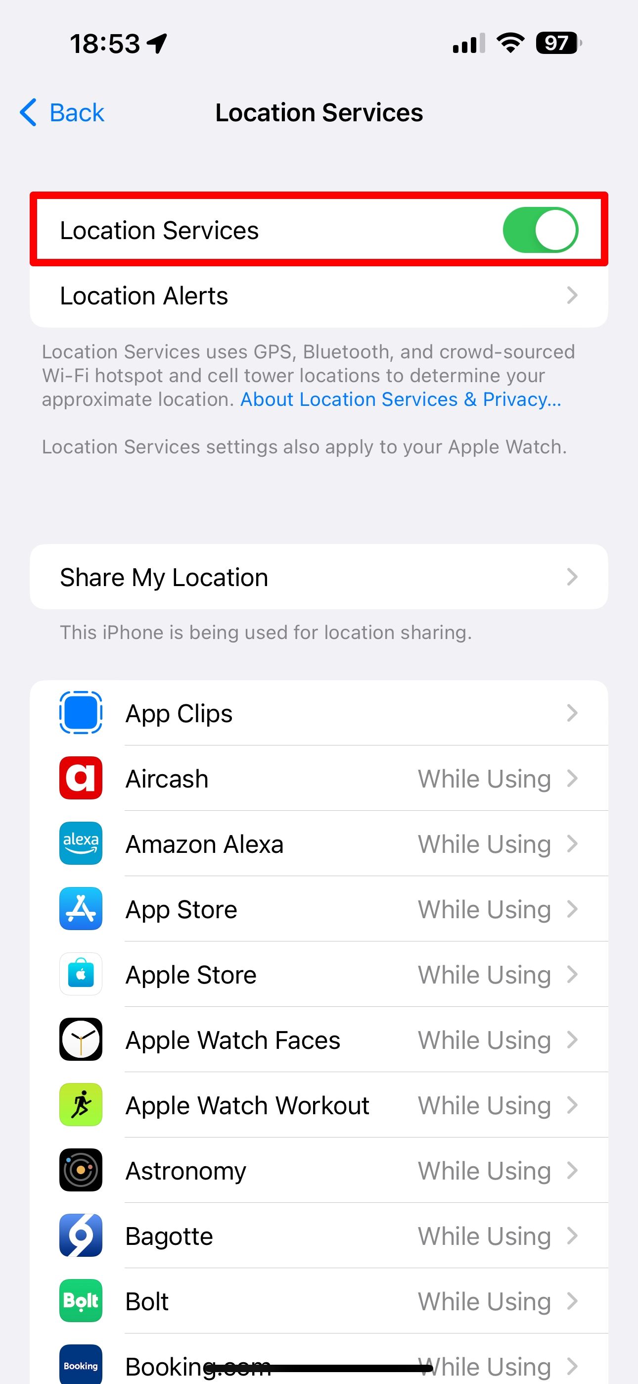 iPhone screenshot showing the Location Services toggled turned on in the Settings app