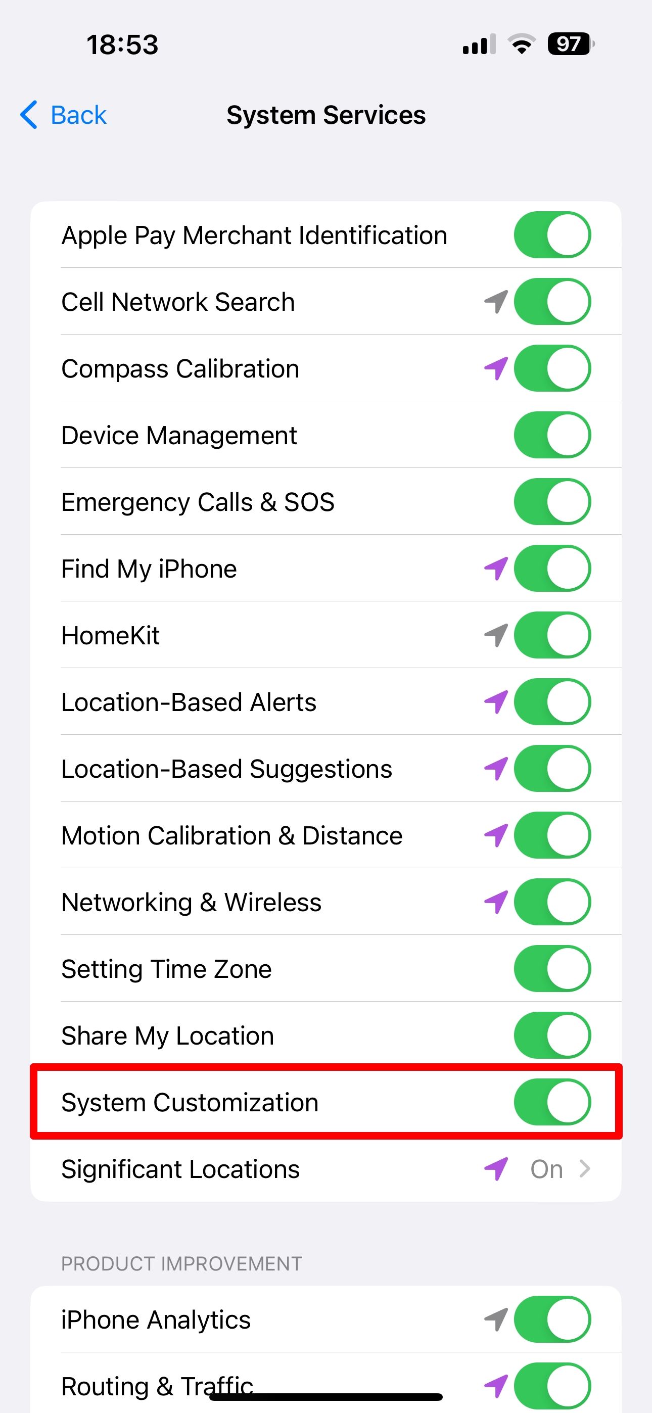 iPhone screenshot showing System Customization turned on in the location privacy settings 