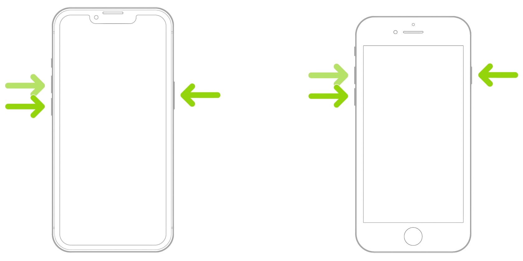 Illustration showing button press combinations to force-restart iPhones with Face ID and older models