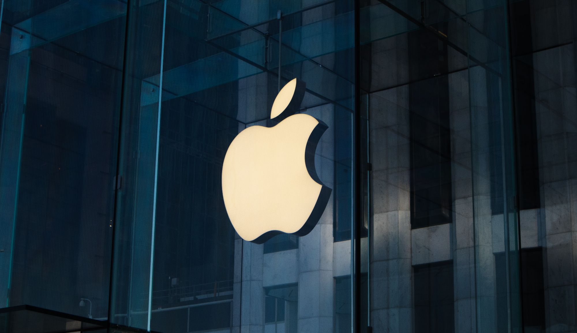 Photo of the front of the building with the Apple logo