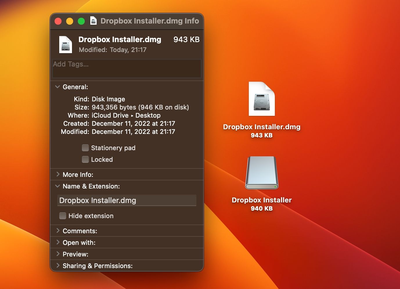 The desktop in macOS Ventura showcasing the Get Info window for a disk image DMG file
