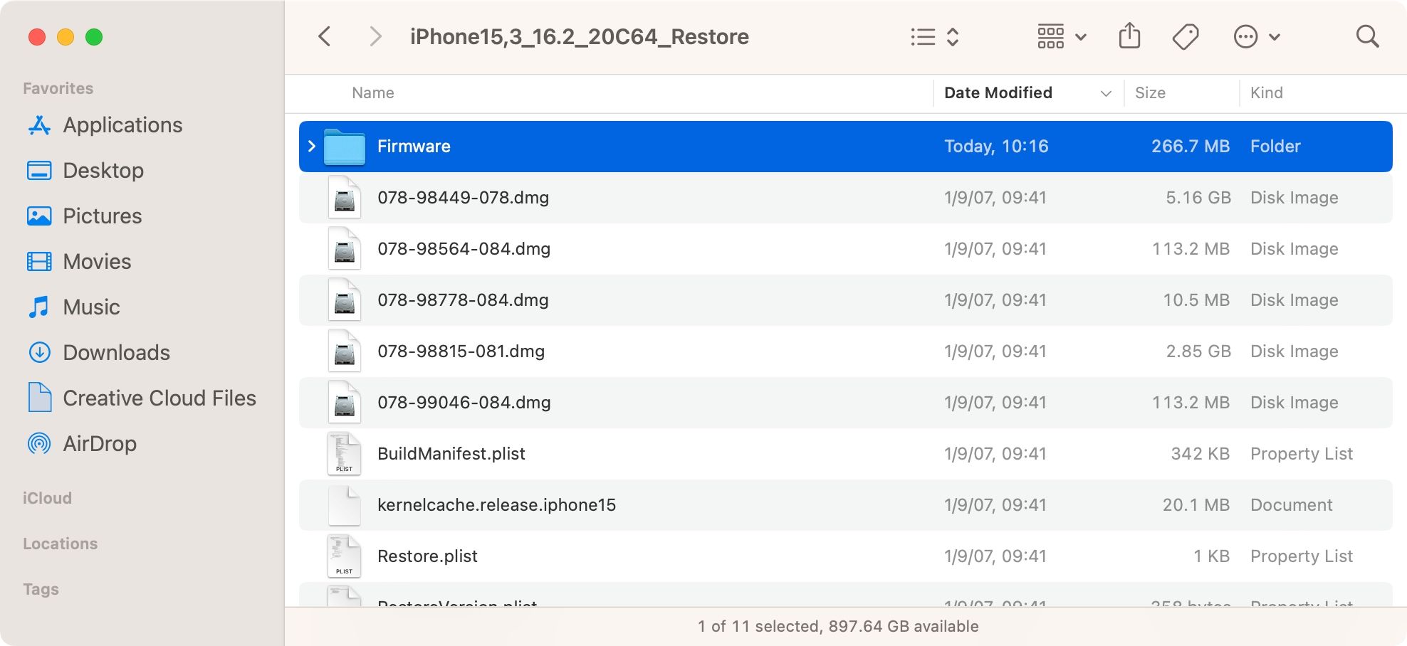A folder in the macOS Finder that lists the contents of an unzipped IPSW firmware archive