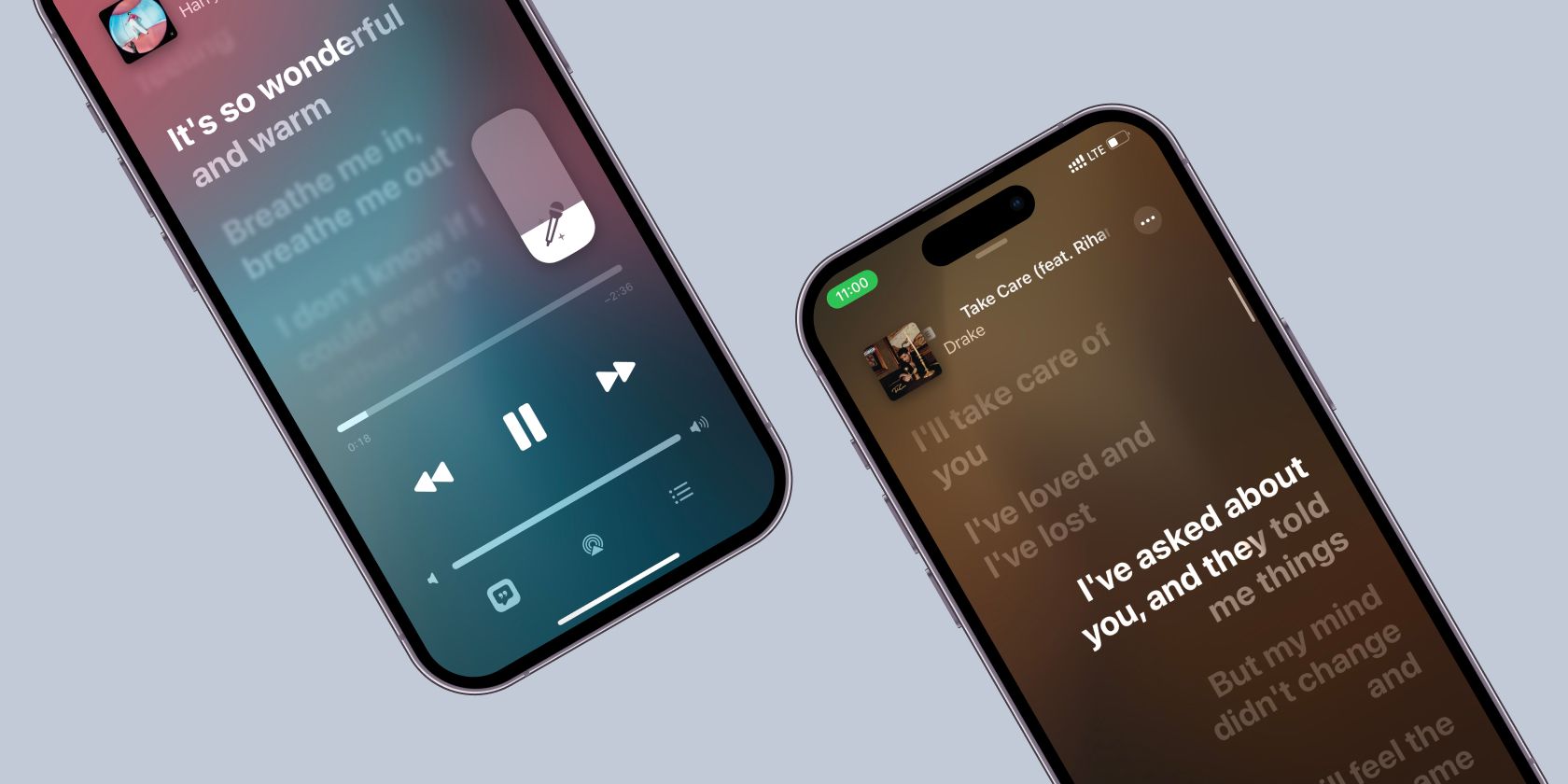 Two iPhones diagonally with Apple Music Sing volume adjustment and Duet Mode