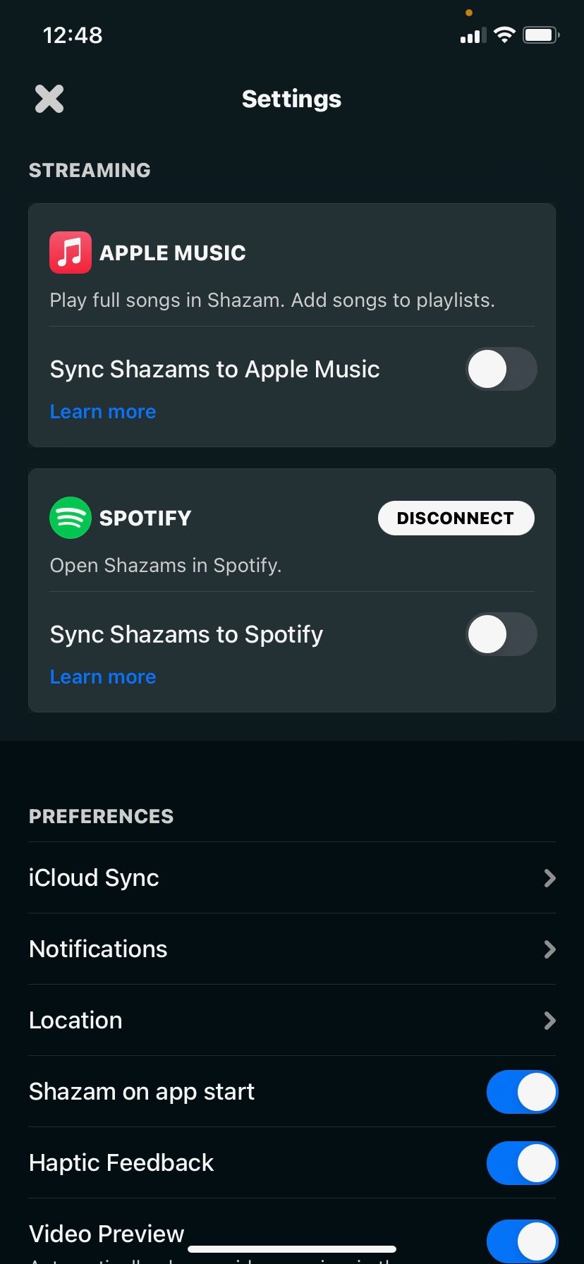 iPhone settings Shazam