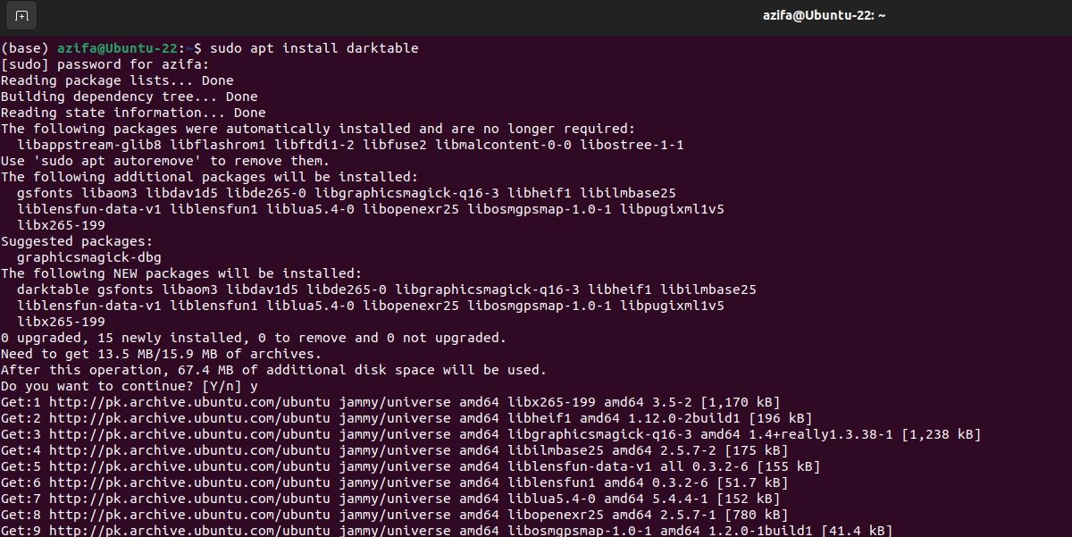 darktable is being installed on ubuntu via command line