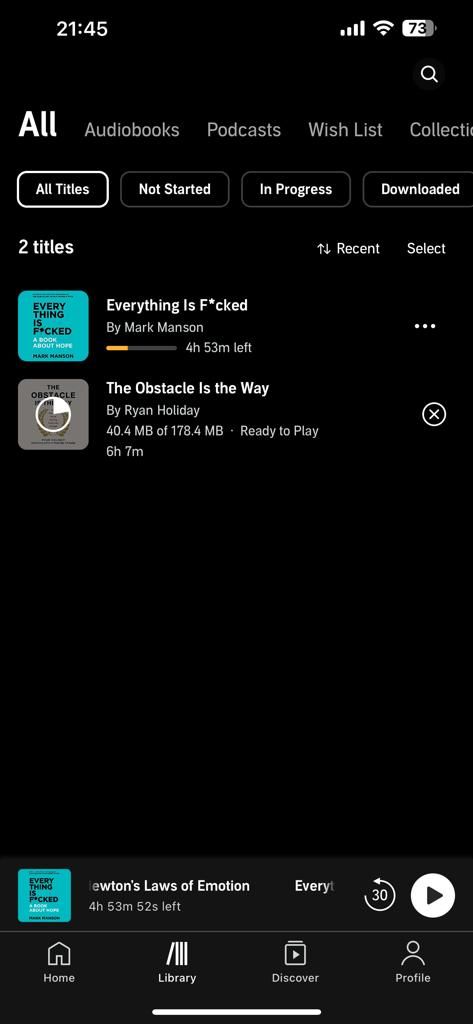 Audible screenshot showing the Library tab