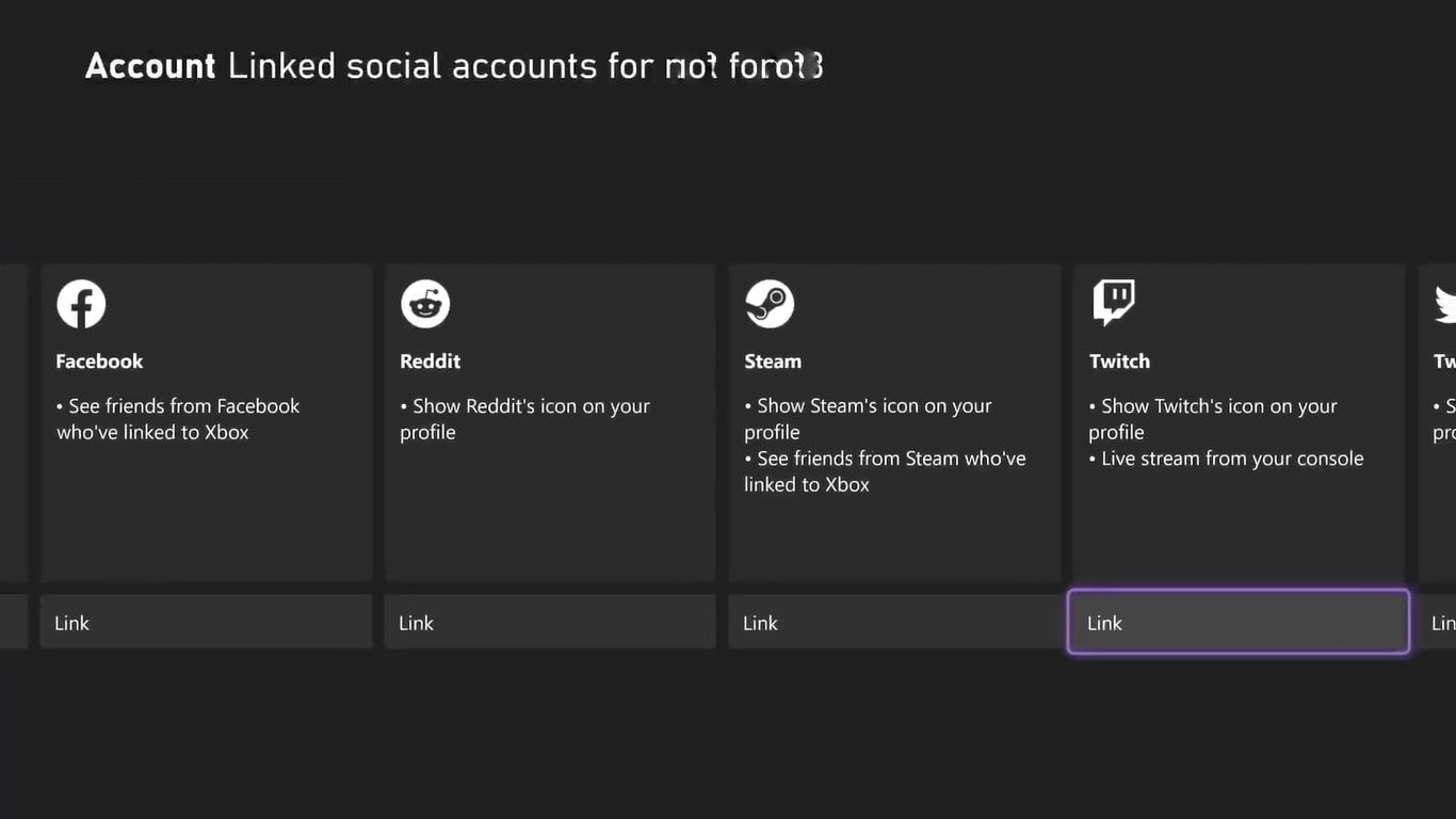 A screenshot of the social accounts available on an Xbox Series X
