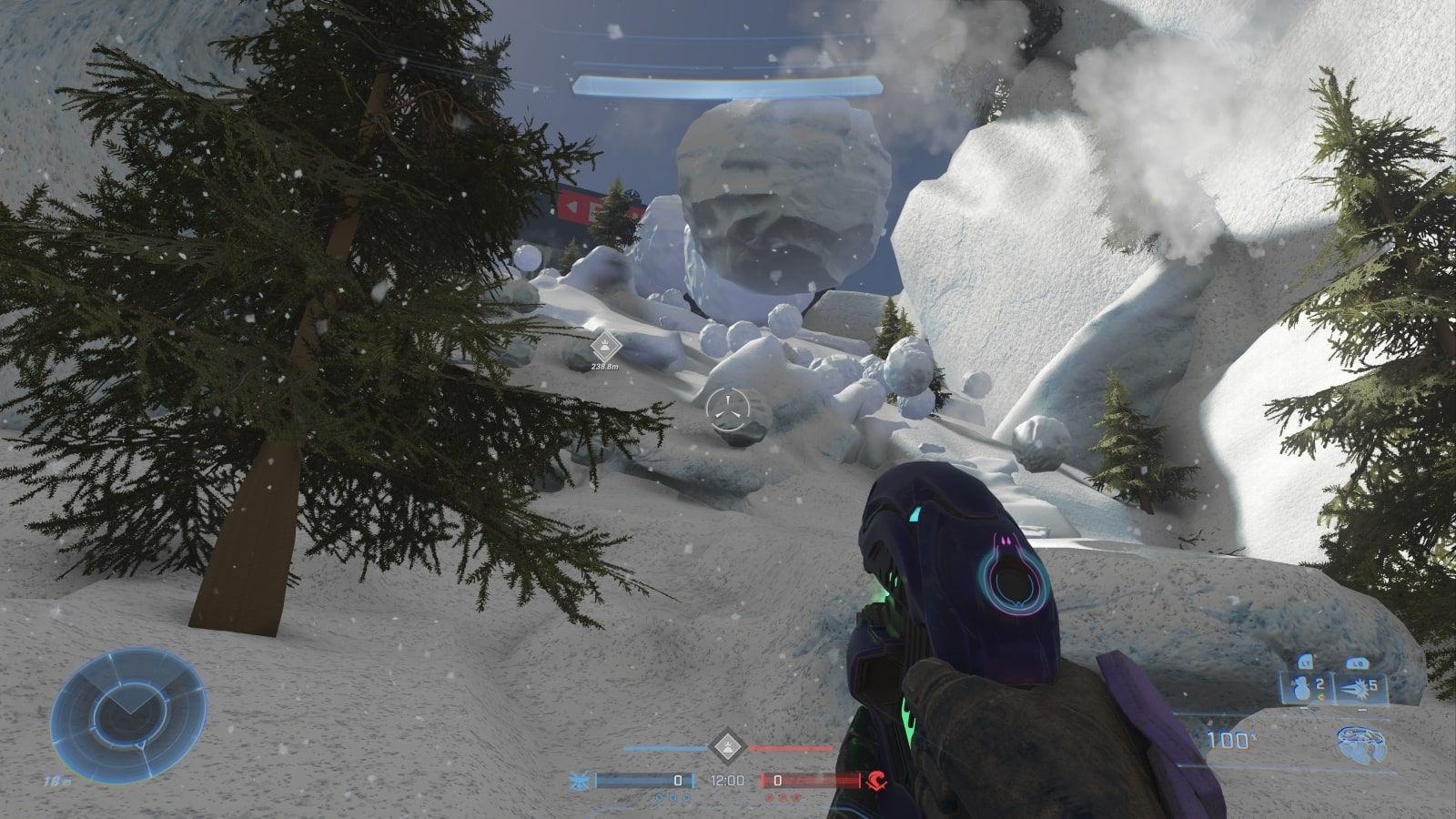 A screenshot from a Halo Infinite custom game with blocks of ice rolling down the hill 