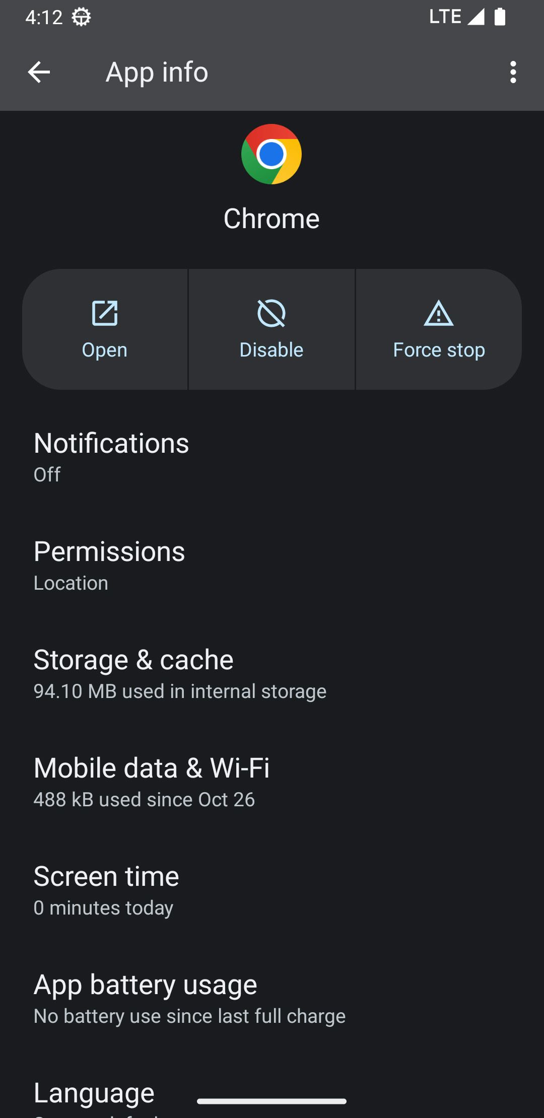 Battery usage option in the app's info section