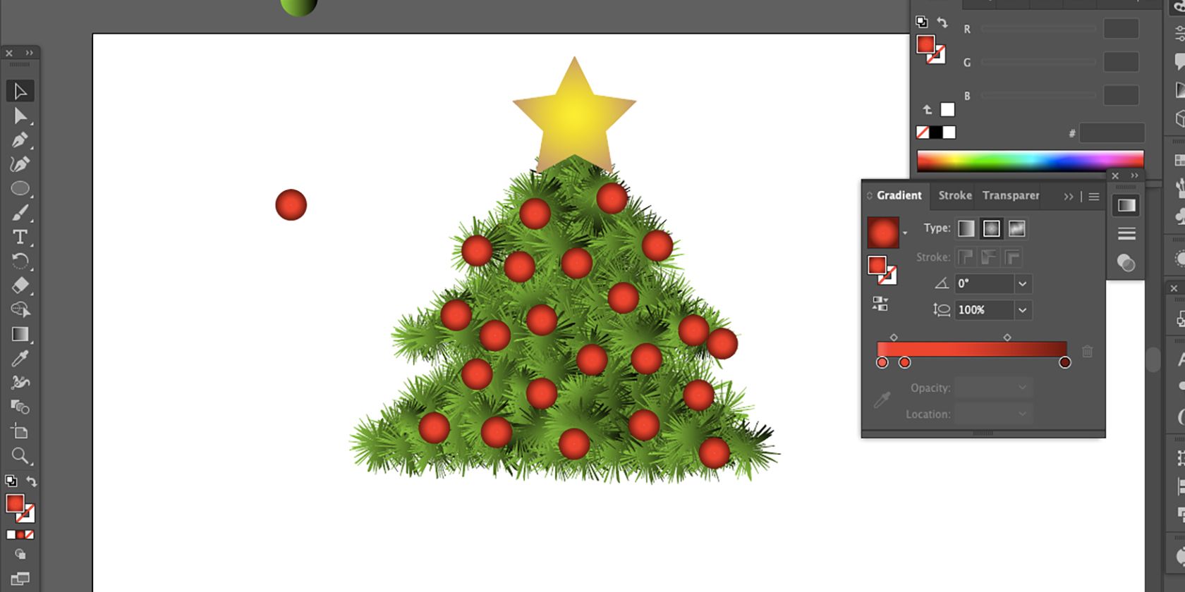 Adobe Illustrator Christmas tree with red baubles.