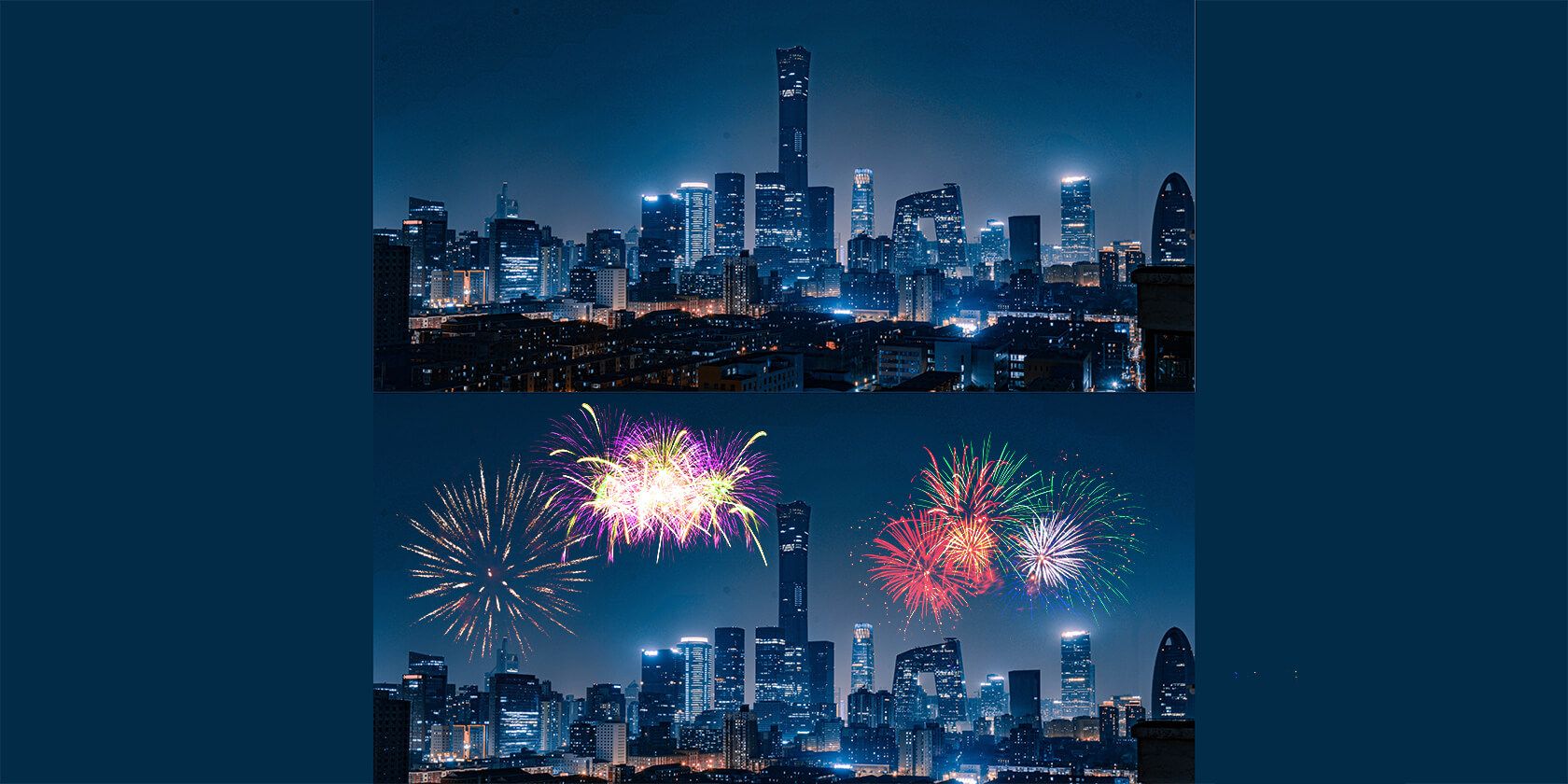 before and after photo with fireworks