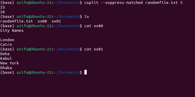 The csplit command is being used with the matching delete option
