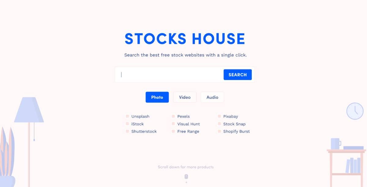 The Stocks House Chrome extension lets you search multiple major stock image websites in one place for photos, audio clips, or video footage