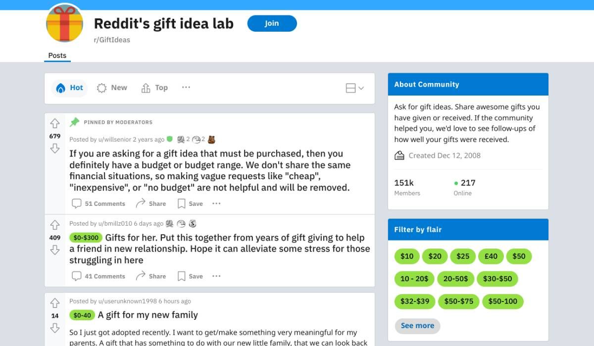 r/GiftIdeas, atau Lab Ide Hadiah Reddit, adalah tempat di mana setiap orang dapat meminta rekomendasi hadiah dari orang sungguhan, untuk orang sungguhan