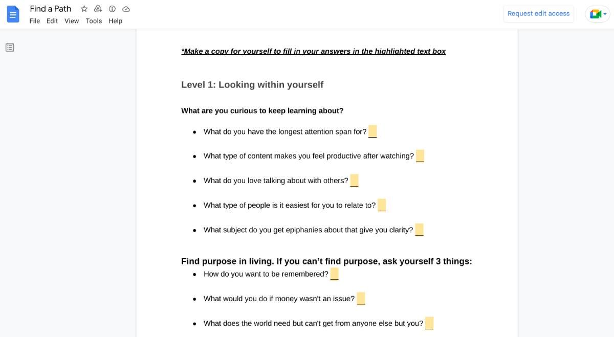 Find a Path is a series of interactive exercises in Google Docs to help you find your perfect side hustle and turn it from scratch into a full-time job.