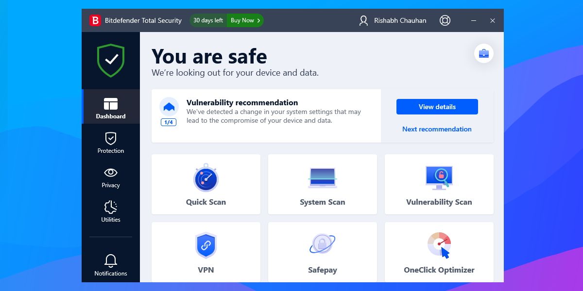 Bitdefender Total Security Dashboard Overview
